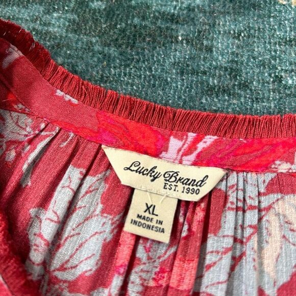 Lucky Brand Blouse Women's XL Red Split Neck Floral Long Sleeve Peasant Top Boho - Picture 4 of 13